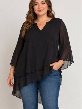 Cristina B Black Sheer V-Neck Tunic Blouse Women’s Large Bell Sleeve Hi-Low Hem
